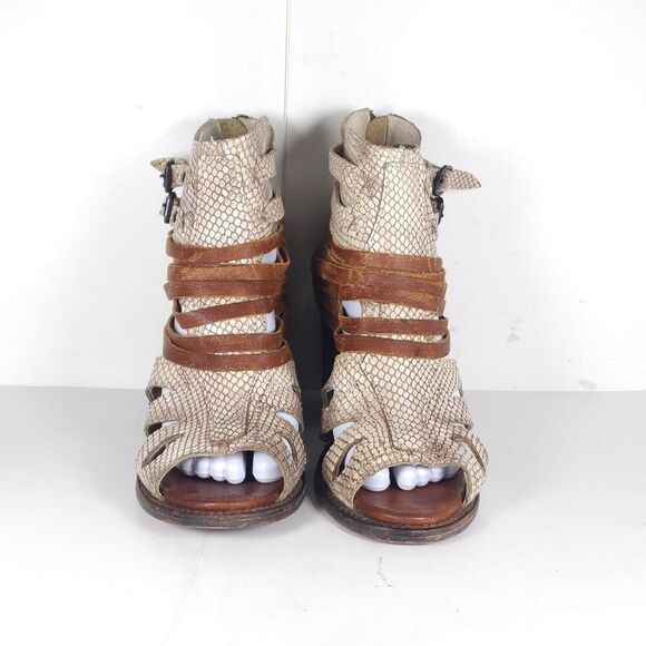 FREEBIRD BY STEVEN Women's Nest US8 Brown Leather Snakeskin Zip Strappy Sandals - Picture 3 of 16